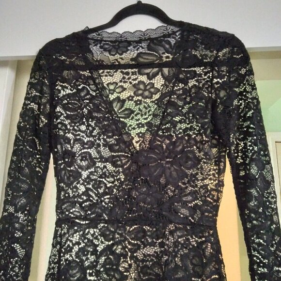 Black Stretch Floral Lace Midi Pencil  Plunge Neckline Long Sleeve Dress Sz S - Picture 2 of 4
